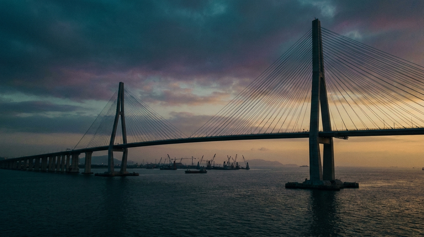 Cable-stayed sea-crossing bridge at dusk